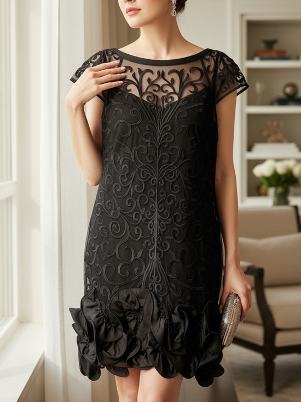 Guess Women's Floral-Lace Ruffled-Hem Sheath Dress - Picture 2 of 7